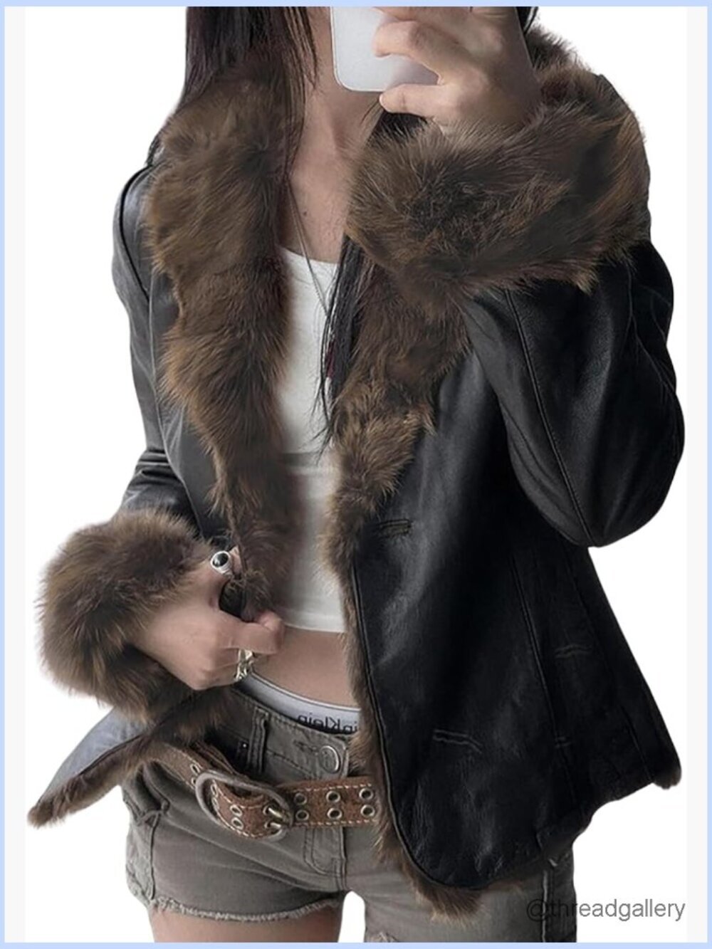 Faux Leather Sherpa Lined Moto Jacket Lapel Button Winter